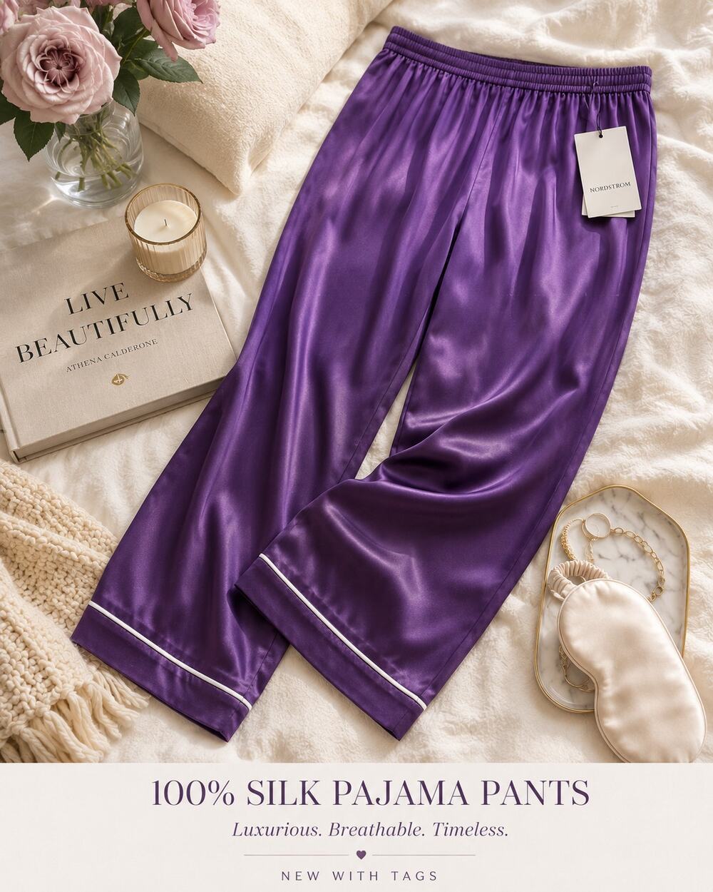 NWT 100% Silk Purple Pajama Pants Size L | Quiet Luxury Nordstrom Sleepwear